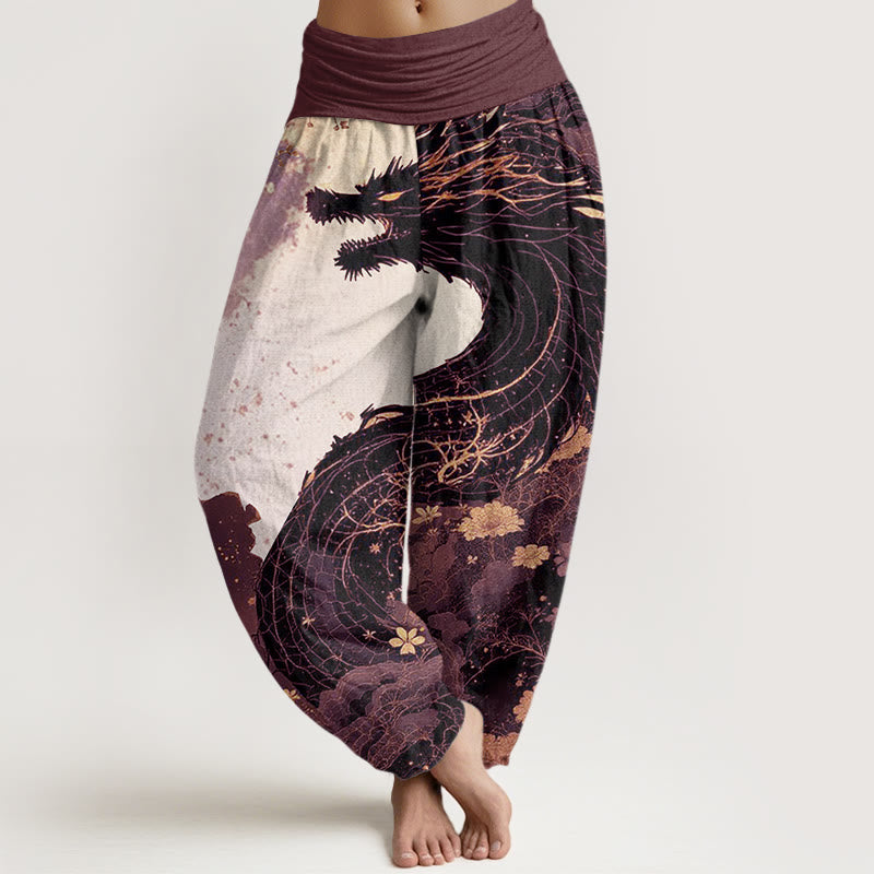 Spodnie haremowe damskie z elastyczną talią i wzorem smoka w Buddha Stones z motywem starożytnego drzewa - RosyBrown - US22, UK/AU26, EU54 (6XL) - image 4
