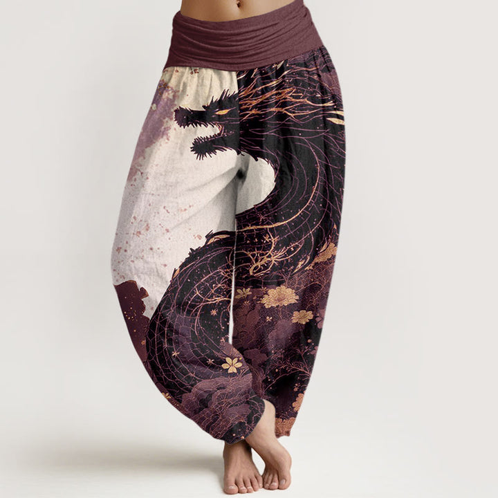 Spodnie haremowe damskie z elastyczną talią i wzorem smoka w Buddha Stones z motywem starożytnego drzewa - RosyBrown - US22, UK/AU26, EU54 (6XL) - image 4