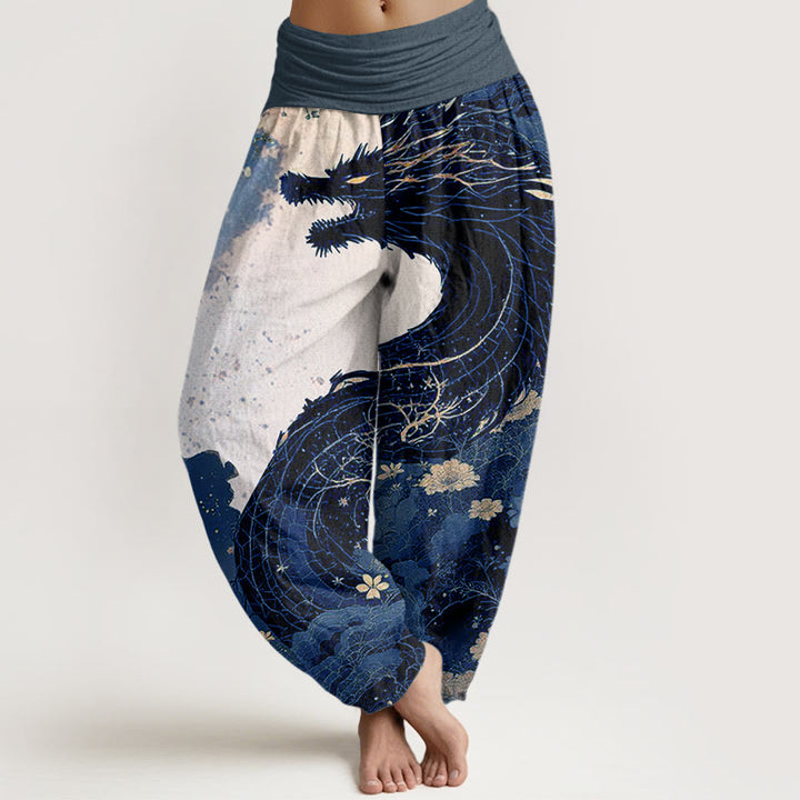 Buddha Stones Casual Dragon Ancient Tree Pattern Damskie spodnie haremowe z elastyczną talią - Stalowoniebieski - US22, UK/AU26, EU54 (6XL) - image 8