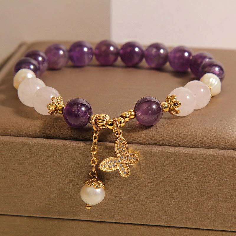 Buddha Stones Naturalny Ametyst Perła Kryształ Duchowe Uzdrawianie Motyl Bransoletka Charm