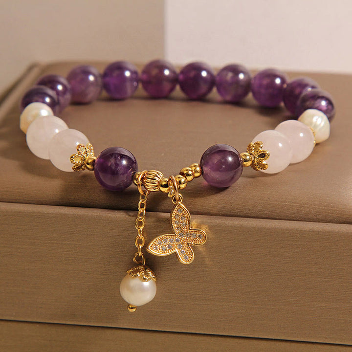 Buddha Stones Naturalny Ametyst Perła Kryształ Duchowe Uzdrawianie Motyl Bransoletka Charm