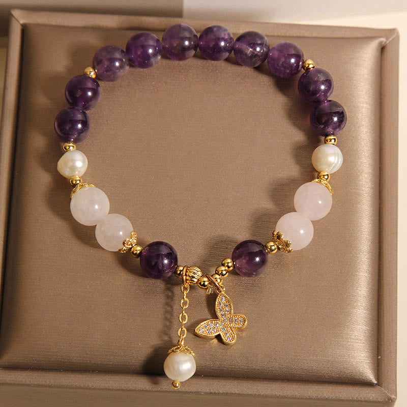 Buddha Stones Naturalny Ametyst Perła Kryształ Duchowe Uzdrawianie Motyl Bransoletka Charm