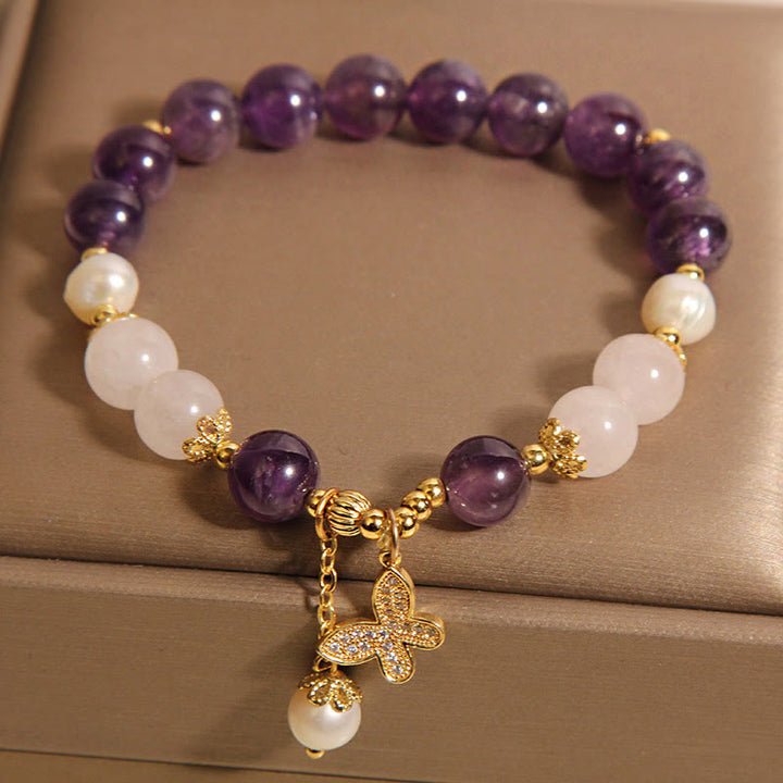 Buddha Stones Naturalny Ametyst Perła Kryształ Duchowe Uzdrawianie Motyl Bransoletka Charm