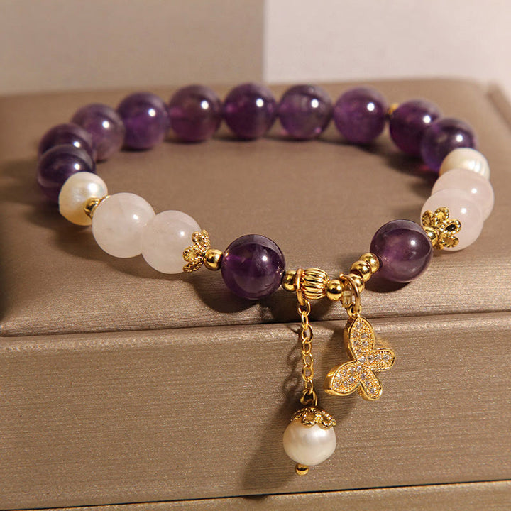 Buddha Stones Naturalny Ametyst Perła Kryształ Duchowe Uzdrawianie Motyl Bransoletka Charm