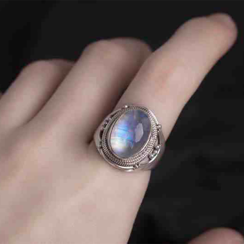 Buddha Stones 925 Srebro Sterling Ręcznie robiony Naturalny Kamień Księżycowy Uzdrawiający Regulowany Pierścień