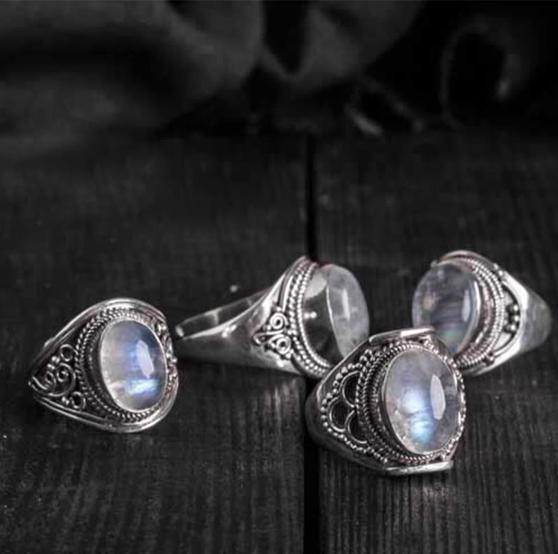 Buddha Stones 925 Srebro Sterling Ręcznie robiony Naturalny Kamień Księżycowy Uzdrawiający Regulowany Pierścień
