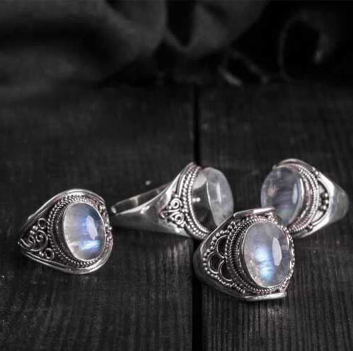 Buddha Stones 925 Srebro Sterling Ręcznie robiony Naturalny Kamień Księżycowy Uzdrawiający Regulowany Pierścień