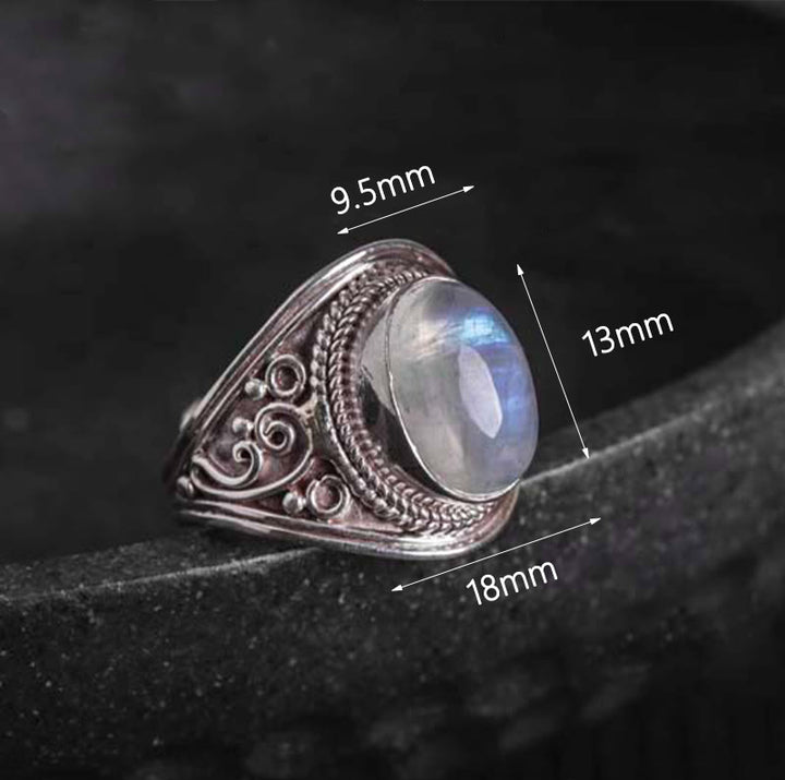 Buddha Stones 925 Srebro Sterling Ręcznie robiony Naturalny Kamień Księżycowy Uzdrawiający Regulowany Pierścień