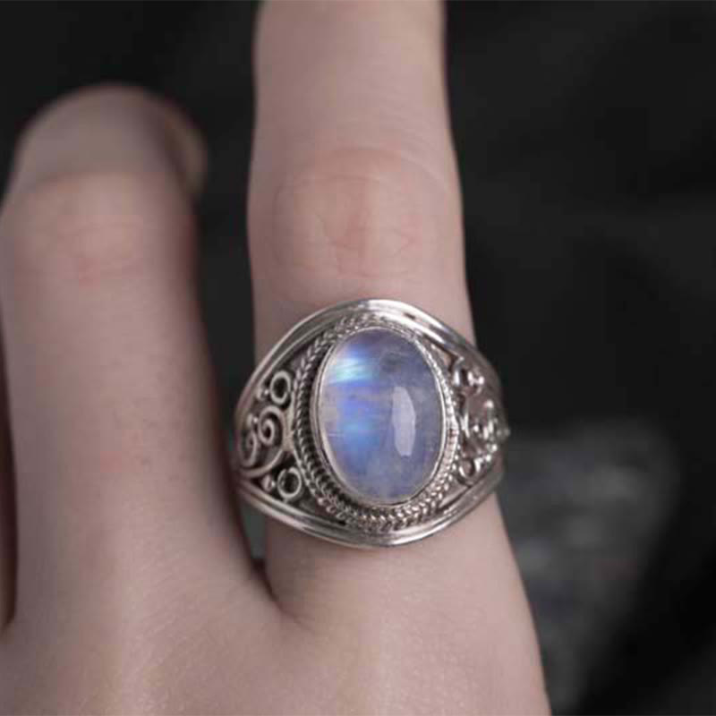 Buddha Stones 925 Srebro Sterling Ręcznie robiony Naturalny Kamień Księżycowy Uzdrawiający Regulowany Pierścień