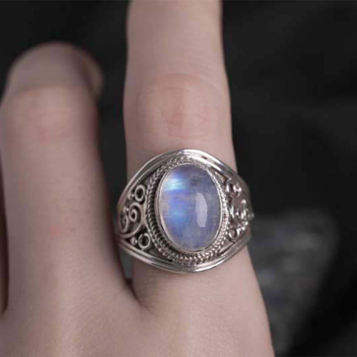 Buddha Stones 925 Srebro Sterling Ręcznie robiony Naturalny Kamień Księżycowy Uzdrawiający Regulowany Pierścień