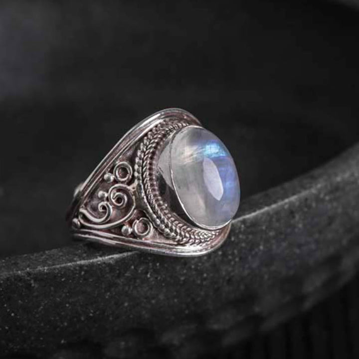 Buddha Stones 925 Srebro Sterling Ręcznie robiony Naturalny Kamień Księżycowy Uzdrawiający Regulowany Pierścień