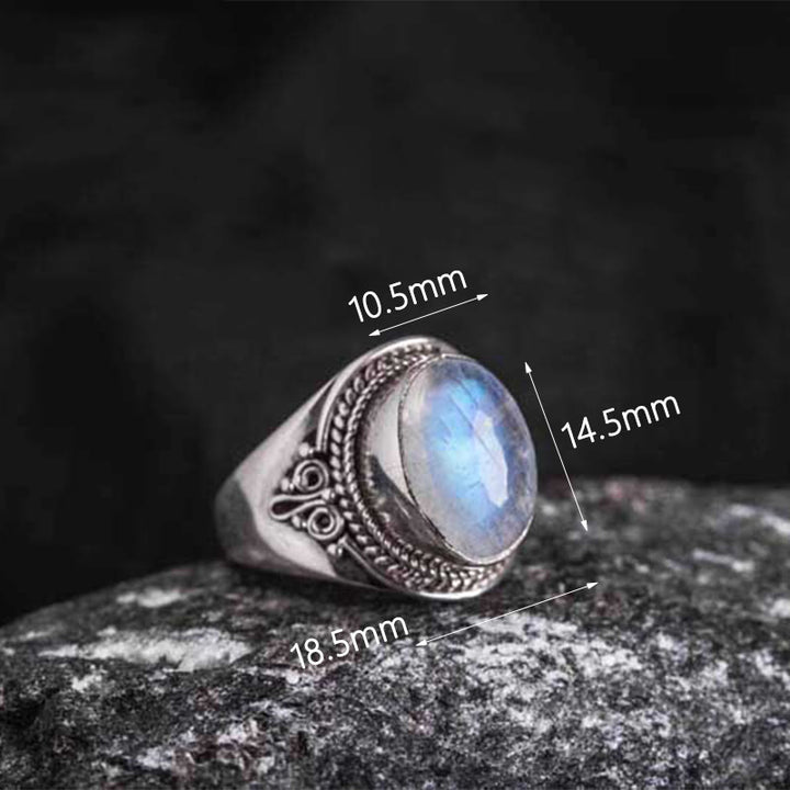 Buddha Stones 925 Srebro Sterling Ręcznie robiony Naturalny Kamień Księżycowy Uzdrawiający Regulowany Pierścień