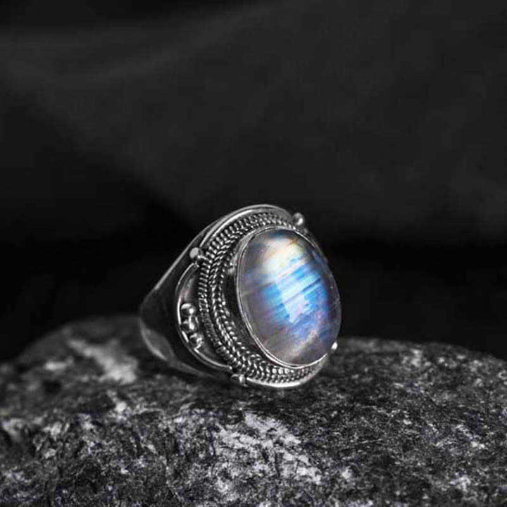 Buddha Stones 925 Srebro Sterling Ręcznie robiony Naturalny Kamień Księżycowy Uzdrawiający Regulowany Pierścień