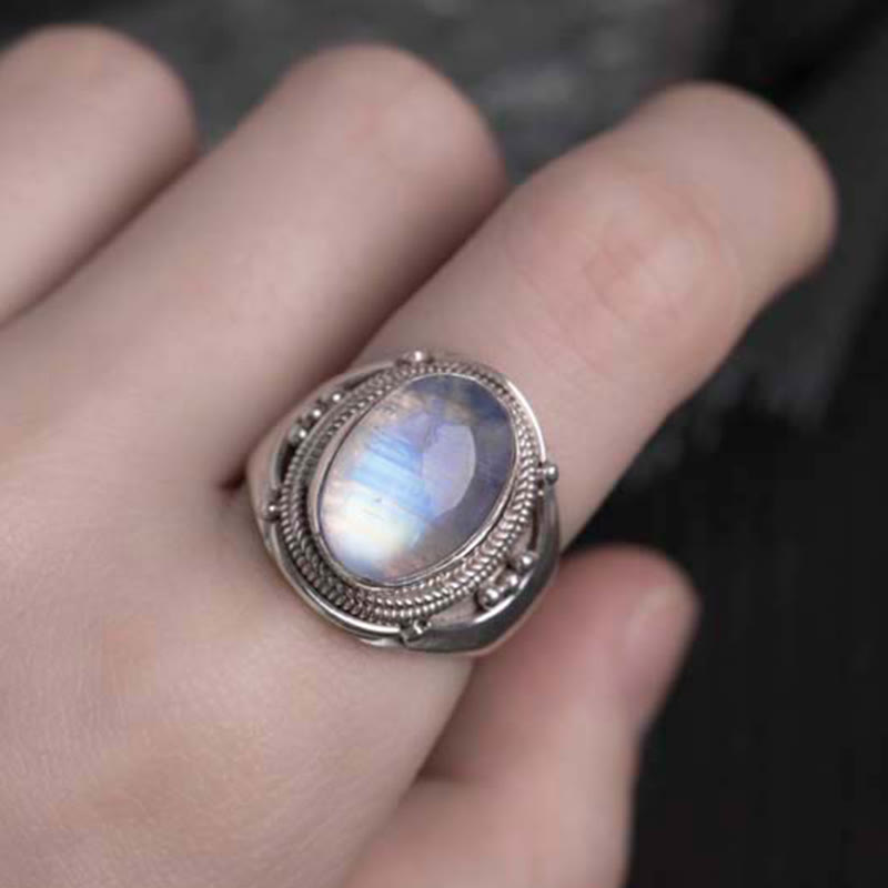 Buddha Stones 925 Srebro Sterling Ręcznie robiony Naturalny Kamień Księżycowy Uzdrawiający Regulowany Pierścień