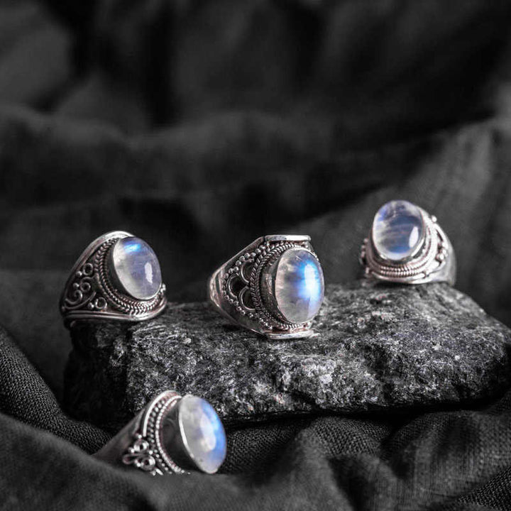 Buddha Stones 925 Srebro Sterling Ręcznie robiony Naturalny Kamień Księżycowy Uzdrawiający Regulowany Pierścień