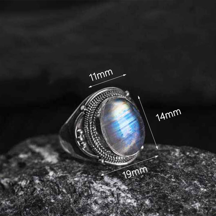 Buddha Stones 925 Srebro Sterling Ręcznie robiony Naturalny Kamień Księżycowy Uzdrawiający Regulowany Pierścień