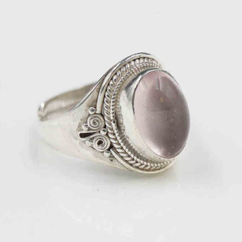 Buddha Stones 925 Srebro Sterling Ręcznie Robiony Naturalny Kwarc Różowy Kochający Energię Regulowany Pierścień