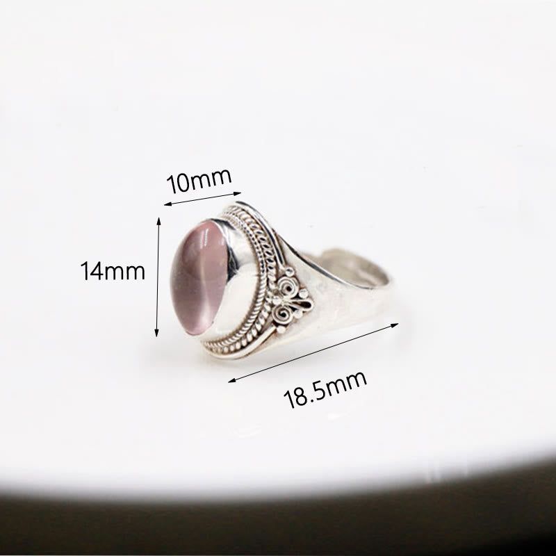 Buddha Stones 925 Srebro Sterling Ręcznie Robiony Naturalny Kwarc Różowy Kochający Energię Regulowany Pierścień