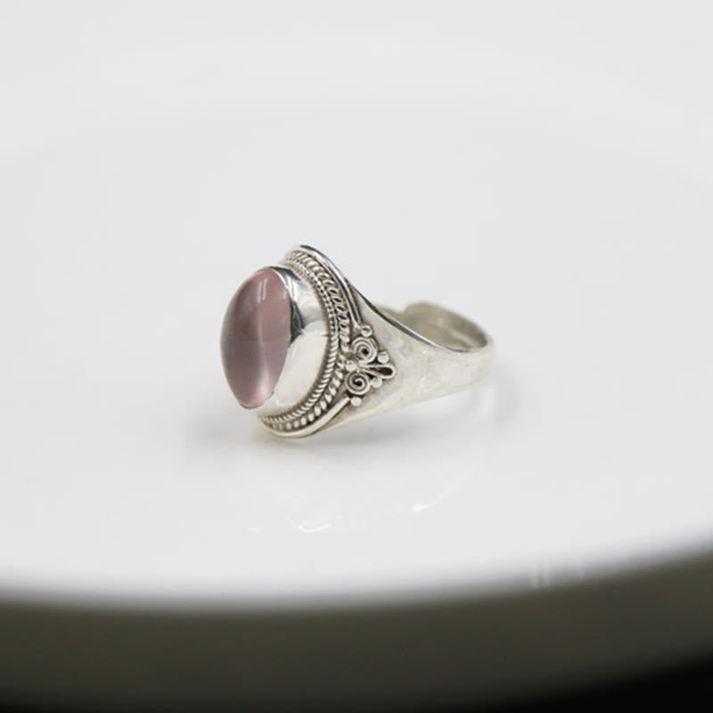 Buddha Stones 925 Srebro Sterling Ręcznie Robiony Naturalny Kwarc Różowy Kochający Energię Regulowany Pierścień