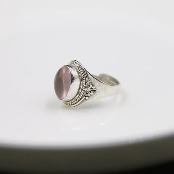 Buddha Stones 925 Srebro Sterling Ręcznie Robiony Naturalny Kwarc Różowy Kochający Energię Regulowany Pierścień