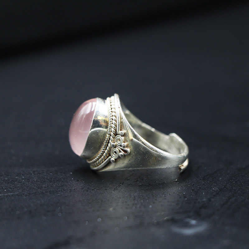 Buddha Stones 925 Srebro Sterling Ręcznie Robiony Naturalny Kwarc Różowy Kochający Energię Regulowany Pierścień