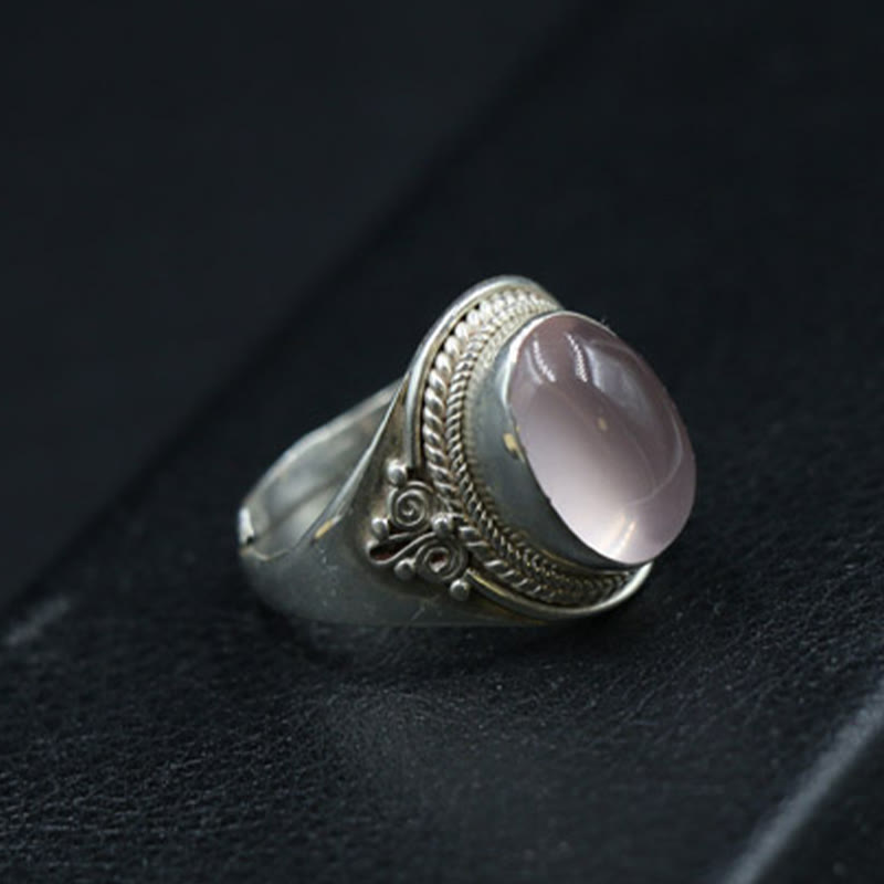 Buddha Stones 925 Srebro Sterling Ręcznie Robiony Naturalny Kwarc Różowy Kochający Energię Regulowany Pierścień