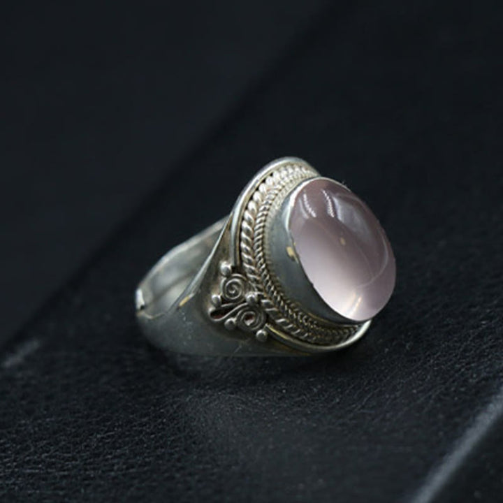 Buddha Stones 925 Srebro Sterling Ręcznie Robiony Naturalny Kwarc Różowy Kochający Energię Regulowany Pierścień