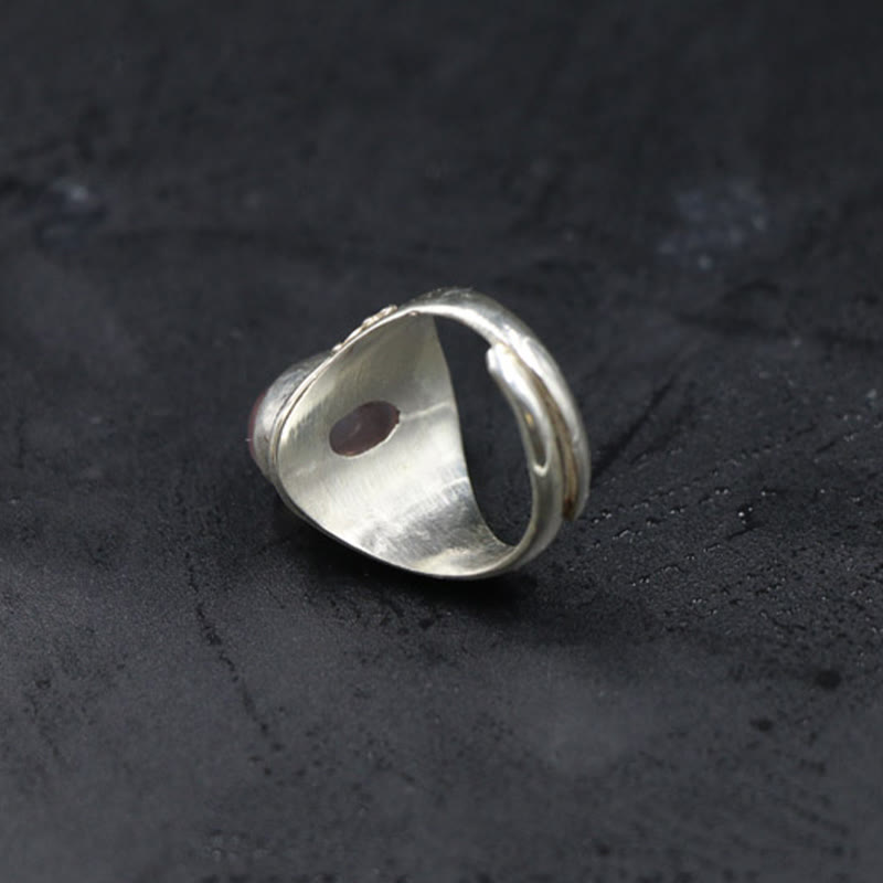 Buddha Stones 925 Srebro Sterling Ręcznie Robiony Naturalny Kwarc Różowy Kochający Energię Regulowany Pierścień