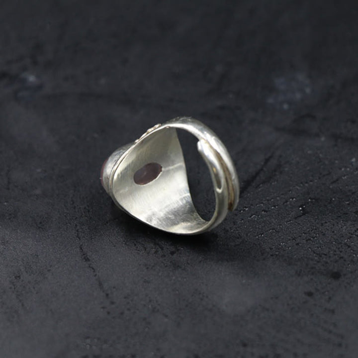 Buddha Stones 925 Srebro Sterling Ręcznie Robiony Naturalny Kwarc Różowy Kochający Energię Regulowany Pierścień