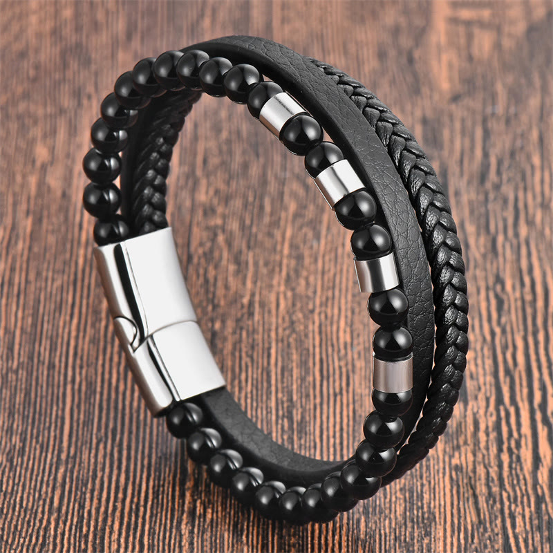 Buddha Stones Bransoleta ze skóry wielowarstwowej Frosted Stone ze stali tytanowej Balance Buckle