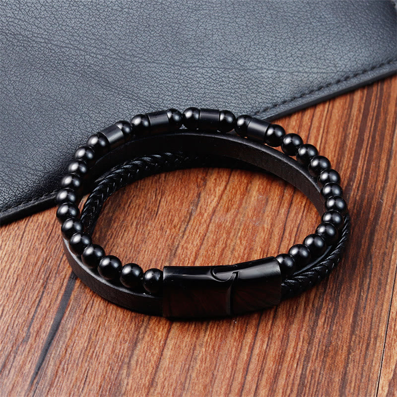 Buddha Stones Bransoleta ze skóry wielowarstwowej Frosted Stone ze stali tytanowej Balance Buckle