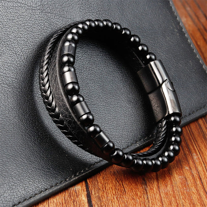 Buddha Stones Bransoleta ze skóry wielowarstwowej Frosted Stone ze stali tytanowej Balance Buckle