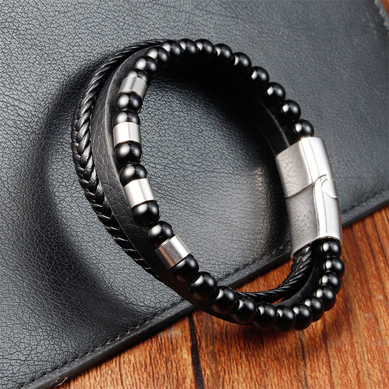 Buddha Stones Bransoleta ze skóry wielowarstwowej Frosted Stone ze stali tytanowej Balance Buckle
