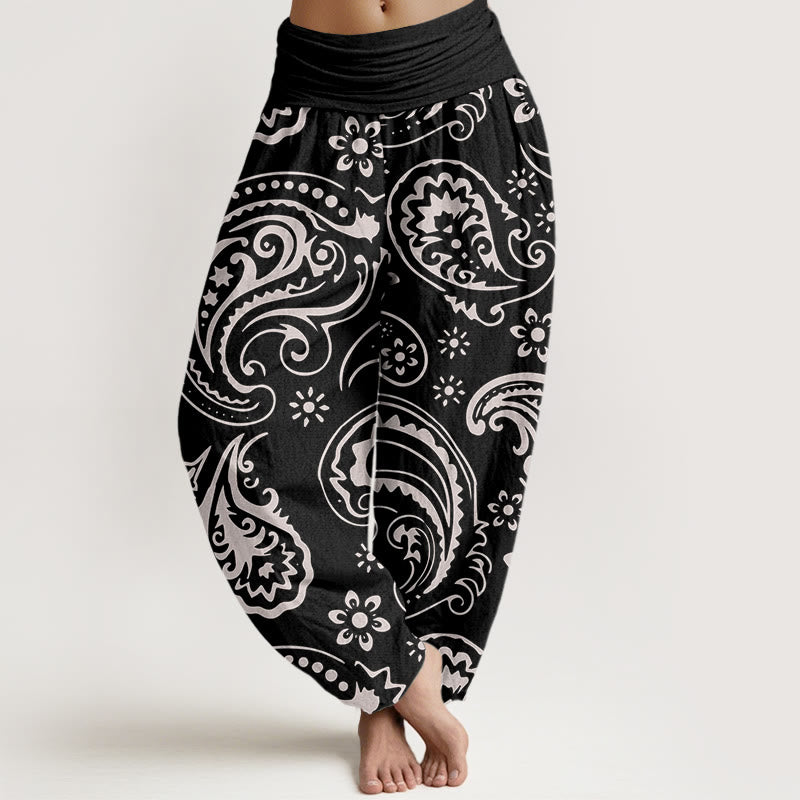 Buddha Stones Casual Elegancki Paisley Kwiatowy Wzór Damskie Spodnie Harem Elastyczna Talia - Czarny - US22, UK/AU26, EU54 (6XL) - image 1