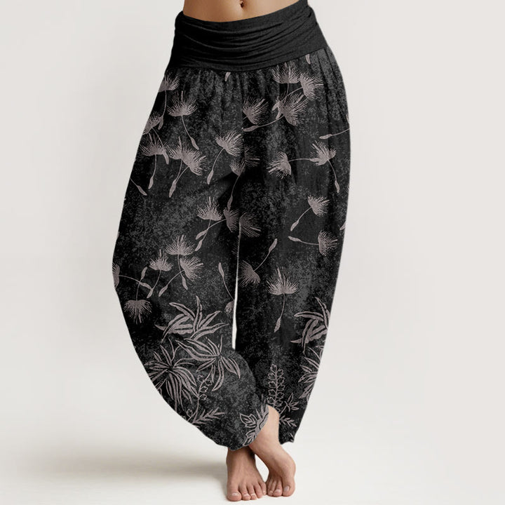 Buddha Stones Casual Roślina Dandelion Nasiona Wzór Damskie Elastyczne Spodnie Harem - Czarny - US22, UK/AU26, EU54 (6XL) - image 8