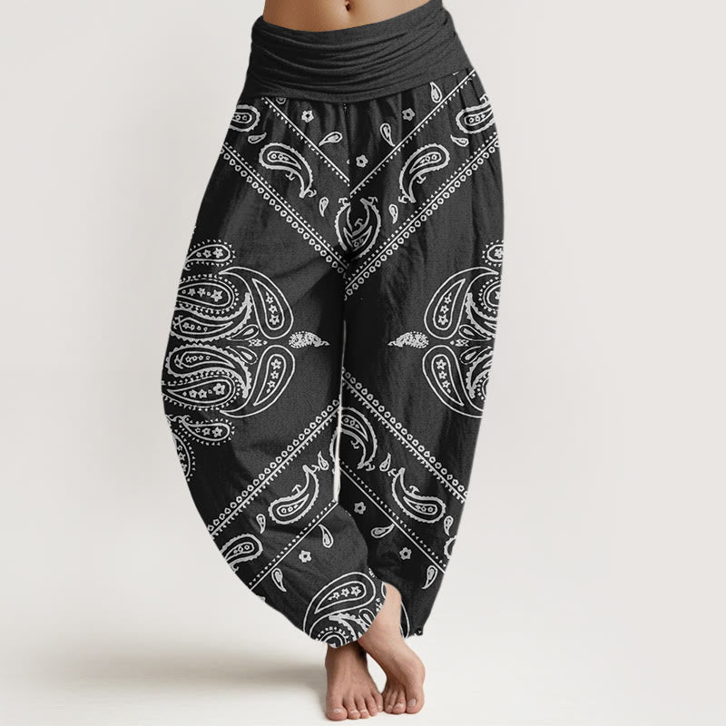 Buddha Stones Casual Floral Leaf Paisley Pattern Damskie spodnie haremowe z elastyczną talią - Czarny - US22, UK/AU26, EU54 (6XL) - image 1