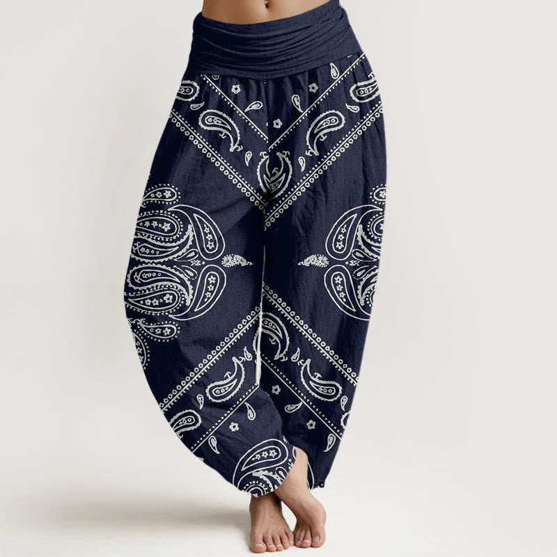 Buddha Stones Casual Floral Leaf Paisley Pattern Damskie spodnie haremowe z elastyczną talią - Ciemnoniebieski - US22, UK/AU26, EU54 (6XL) - image 8