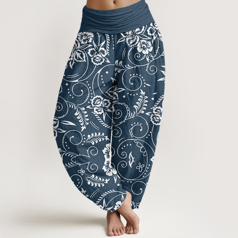 Buddha Stones Casual Floral Swirling Vines Pattern Damskie spodnie haremowe z elastyczną talią - Ciemnoniebieski - US22, UK/AU26, EU54 (6XL) - image 1