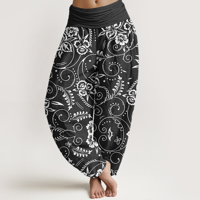 Buddha Stones Casual Floral Swirling Vines Pattern Damskie spodnie haremowe z elastyczną talią - Czarny - US22, UK/AU26, EU54 (6XL) - image 8
