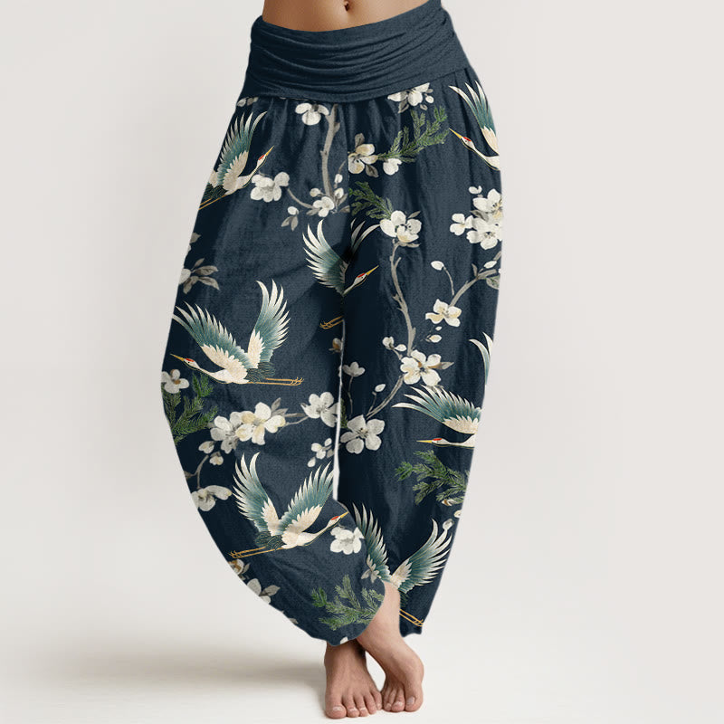 Buddha Stones Casual Latający Żuraw Kwiat Wzór Damskie Spodnie Harem Elastyczna Talia - Marynarka wojenna - US22, UK/AU26, EU54 (6XL) - image 5