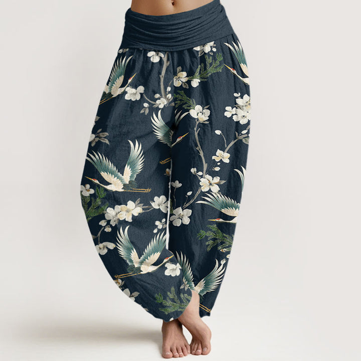 Buddha Stones Casual Latający Żuraw Kwiat Wzór Damskie Spodnie Harem Elastyczna Talia - Marynarka wojenna - US22, UK/AU26, EU54 (6XL) - image 5