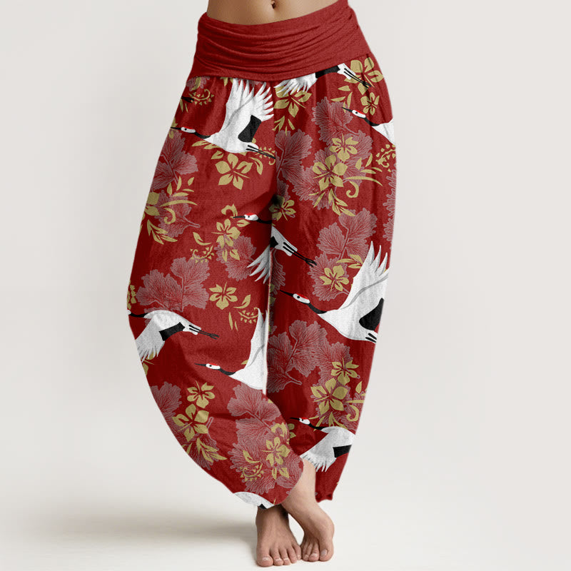Buddha Stones Casual Latający Żuraw Wzór Kwitnącej Wiśni Damskie Spodnie Harem Elastyczna Talia - Cegła ogniotrwała - US22, UK/AU26, EU54 (6XL) - image 1