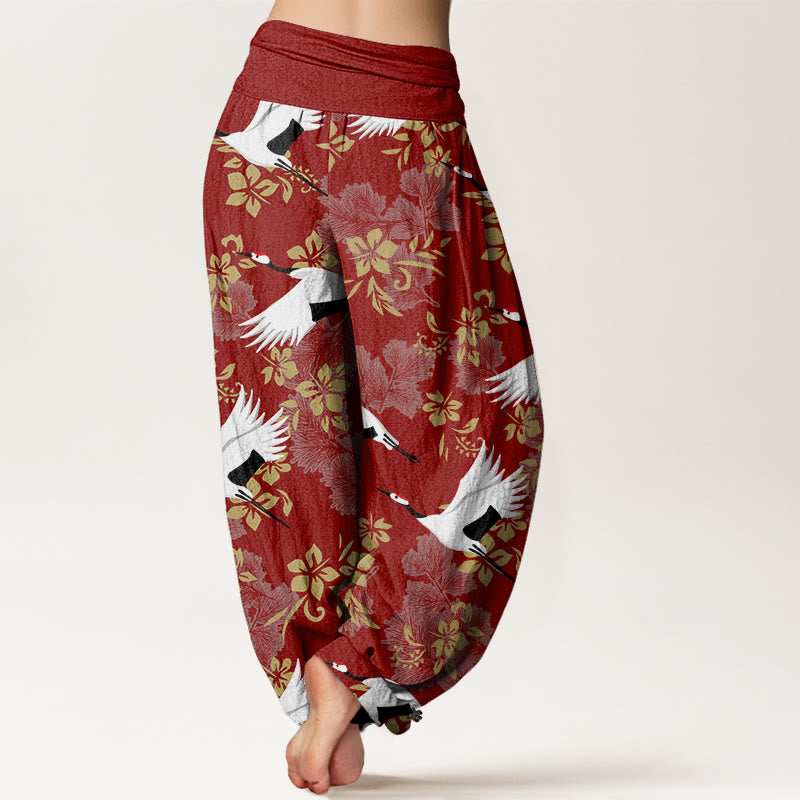 Buddha Stones Casual Latający Żuraw Wzór Kwitnącej Wiśni Damskie Spodnie Harem Elastyczna Talia - image 3