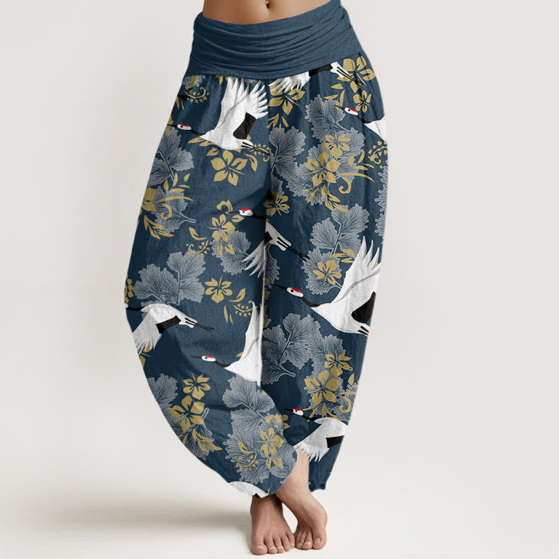 Buddha Stones Casual Latający Żuraw Wzór Kwitnącej Wiśni Damskie Spodnie Harem Elastyczna Talia - Stalowoniebieski - US22, UK/AU26, EU54 (6XL) - image 5