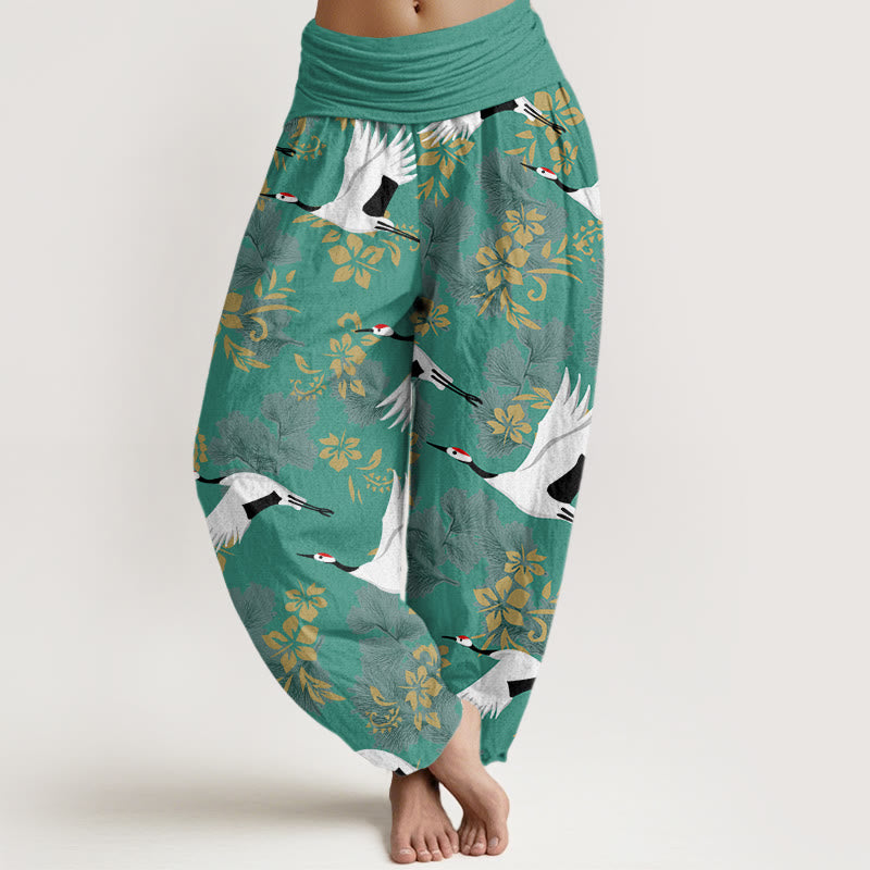 Buddha Stones Casual Latający Żuraw Wzór Kwitnącej Wiśni Damskie Spodnie Harem Elastyczna Talia - LightSeaGreen - US22, UK/AU26, EU54 (6XL) - image 8