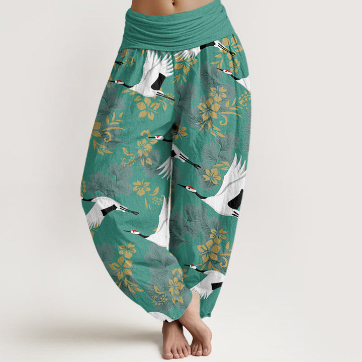 Buddha Stones Casual Latający Żuraw Wzór Kwitnącej Wiśni Damskie Spodnie Harem Elastyczna Talia - LightSeaGreen - US22, UK/AU26, EU54 (6XL) - image 8