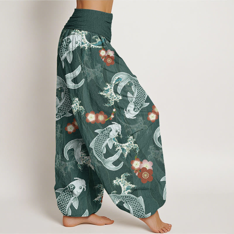 Buddha Stones Casual Koi Fish Cherry Blossoms Pattern Damskie spodnie haremowe z elastyczną talią - image 2