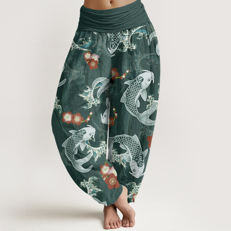 Buddha Stones Casual Koi Fish Cherry Blossoms Pattern Damskie spodnie haremowe z elastyczną talią - Ciemnocyjanowy - US22, UK/AU26, EU54 (6XL) - image 1