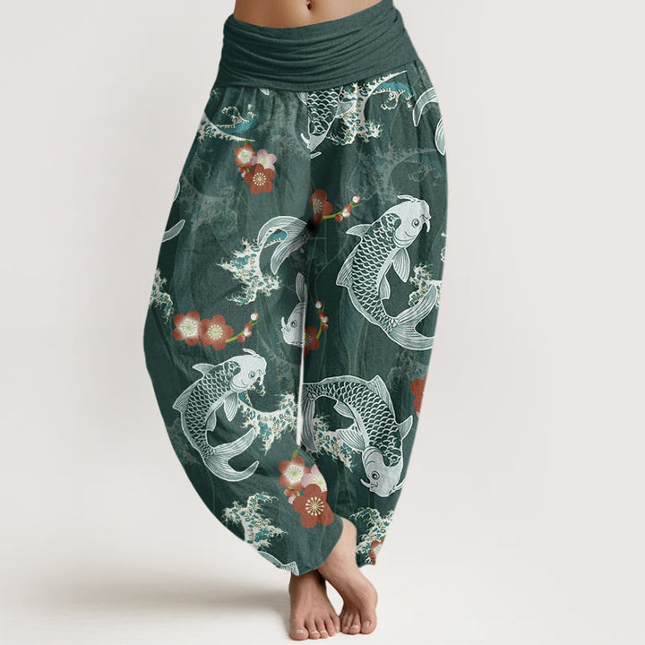 Buddha Stones Casual Koi Fish Cherry Blossoms Pattern Damskie spodnie haremowe z elastyczną talią - Ciemnocyjanowy - US22, UK/AU26, EU54 (6XL) - image 1