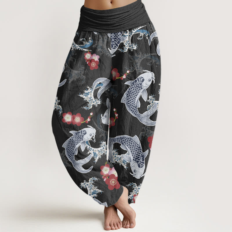 Buddha Stones Casual Koi Fish Cherry Blossoms Pattern Damskie spodnie haremowe z elastyczną talią - Czarny - US22, UK/AU26, EU54 (6XL) - image 5